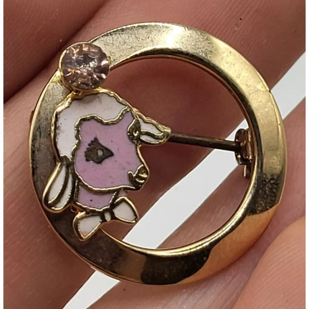 Goldtone Pink Lamb Brooch Pin 1in